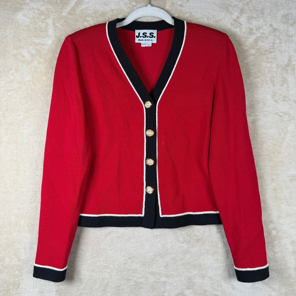 J.S.S. Vintage Womens SP Red Wool Blend Cardigan Pearl Button Nautical USA Made
